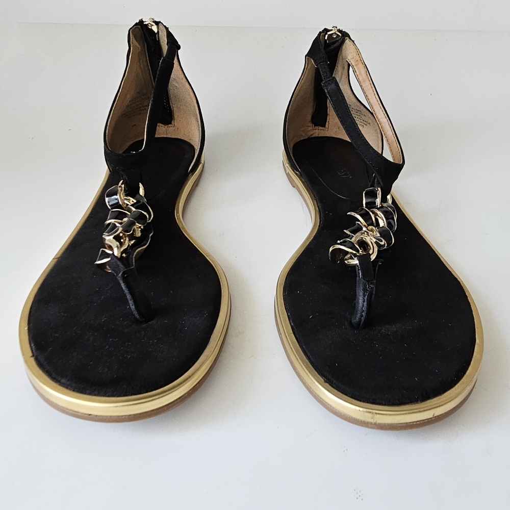 Nine West T-Strap Sandals Womens Chain Link Leather Black Gold Ankle S…